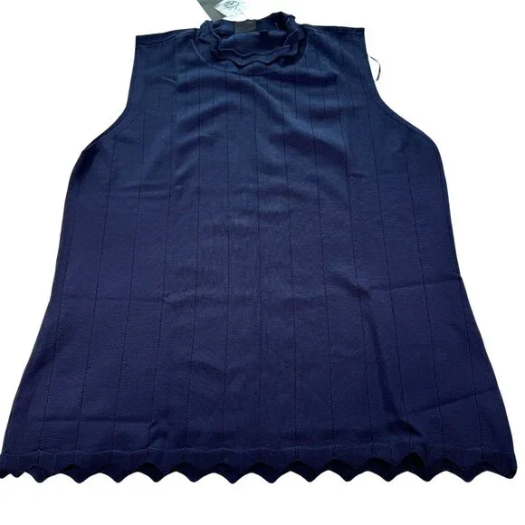 Cyrus Pointelle Scallop Trim Mock Neck Navy Tank Large NWT - Picture 1 of 11